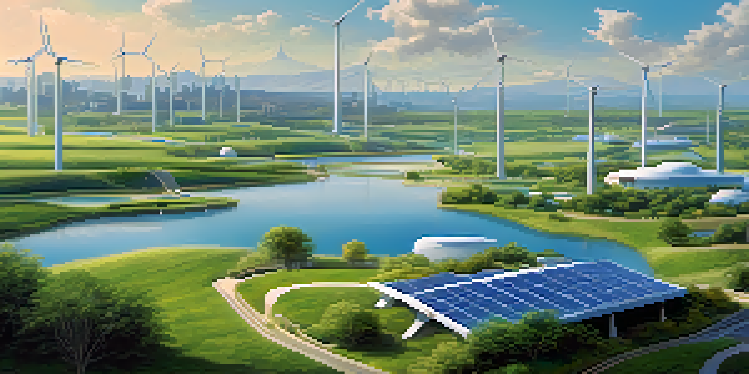A futuristic city powered by renewable energy, with solar panels and wind turbines, surrounded by greenery and a blue sky.
