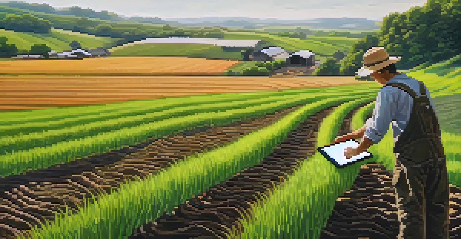 A farmer in a sustainable farm using a tablet, surrounded by lush crops under warm sunlight.