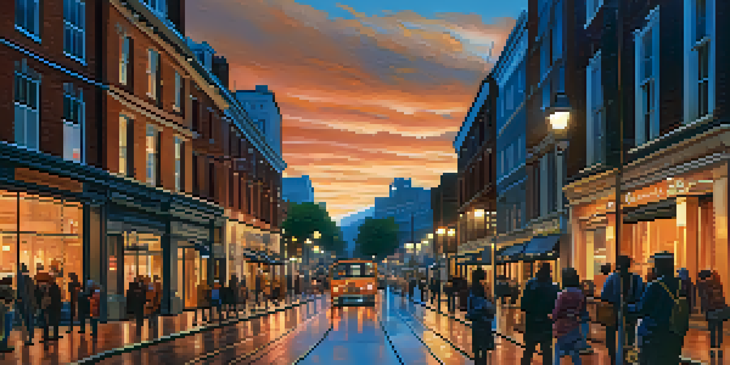 A city street at dusk with augmented reality overlays showing historical facts about landmarks, warm lights, and people using smartphones.