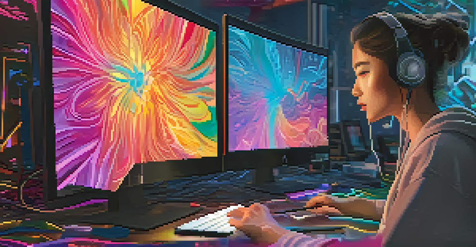 A digital artist at work creating an NFT, with colorful art on the screen and a warm studio environment.