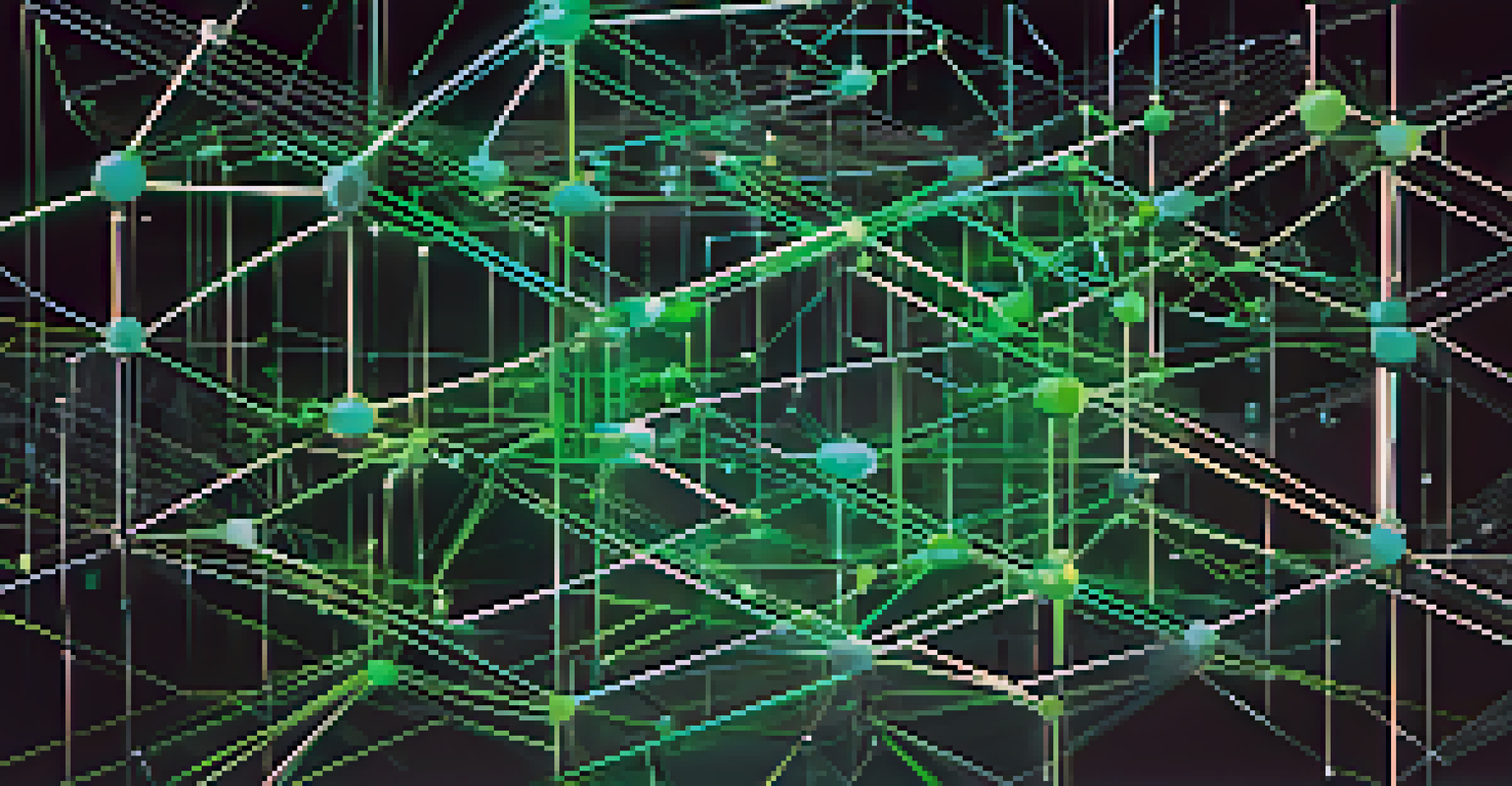 An abstract visual of interconnected blockchain nodes and chains with a dark background and neon colors, representing data security and transparency.