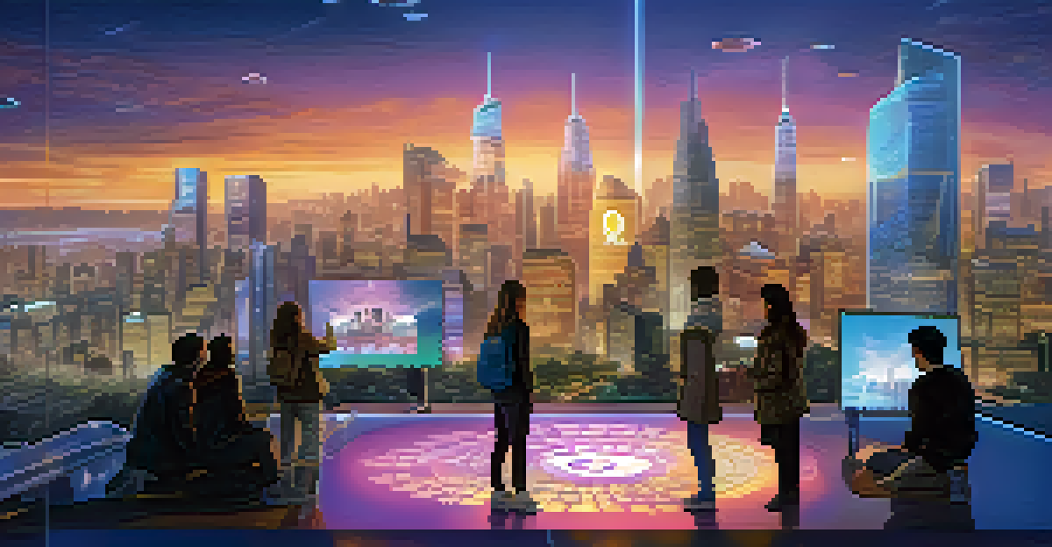 Glowing digital coins representing governance tokens above a futuristic city with citizens interacting with holographic displays at twilight.