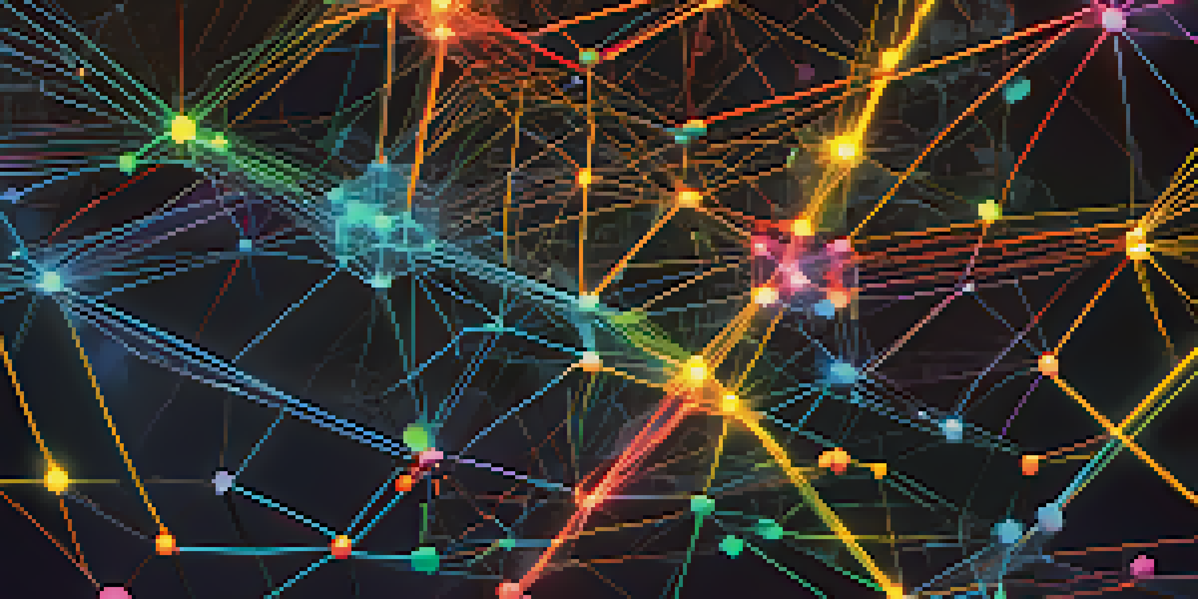 A detailed illustration of a blockchain network with colorful nodes and bright connections, illuminated by soft glowing lights against a deep blue background.
