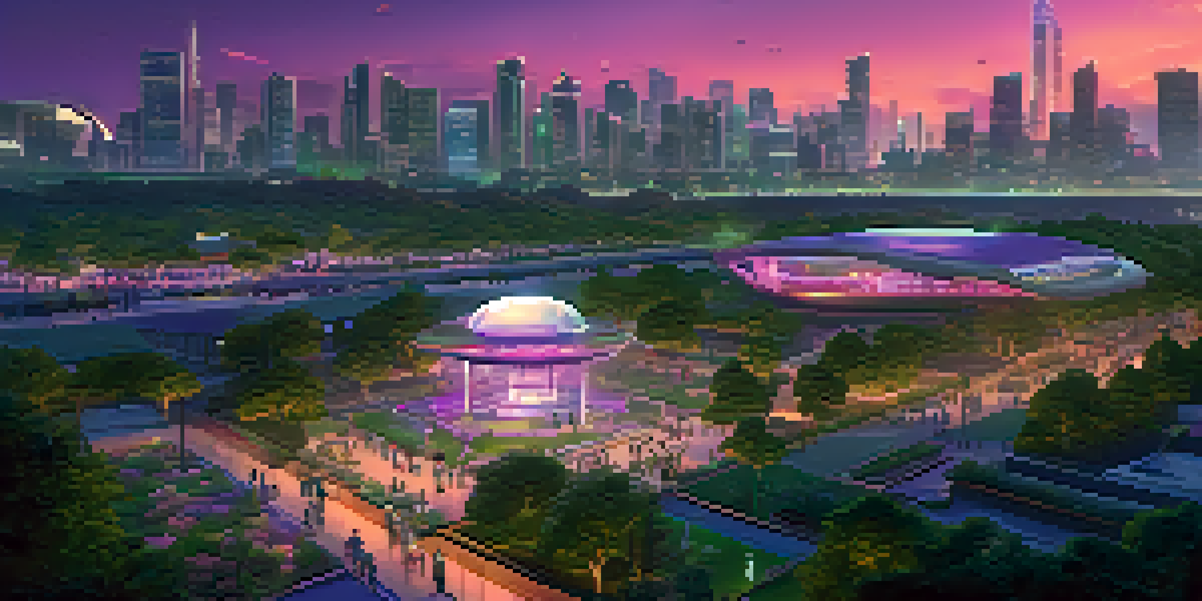 A colorful futuristic city with tall buildings and green parks, showing people enjoying activities.