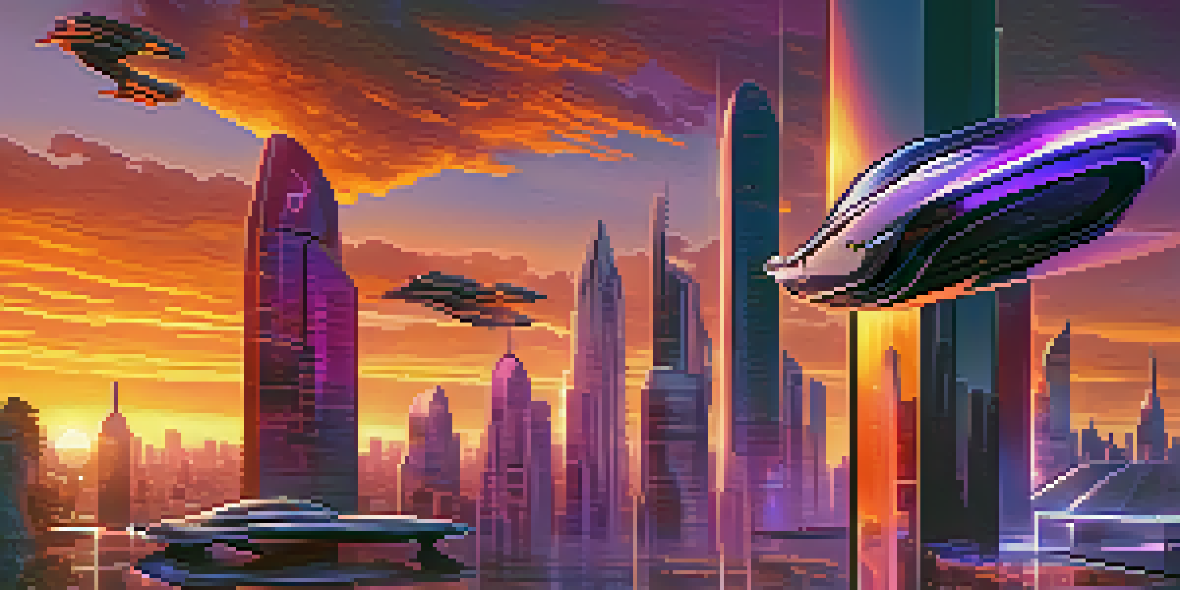 A futuristic city skyline at sunset with flying cars and holographic ads, illuminated in warm colors.