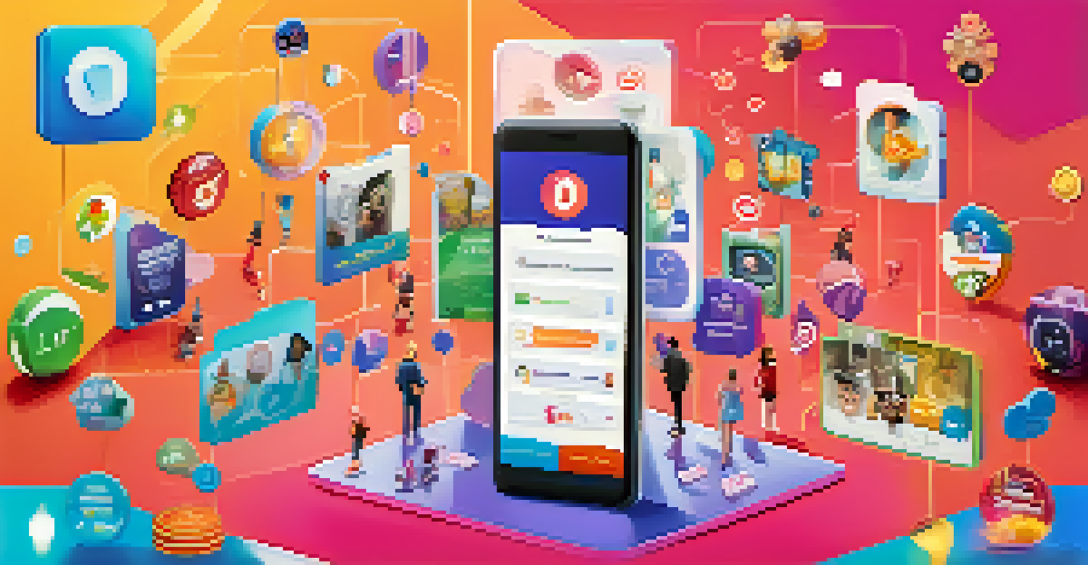 A vibrant illustration of a gamified social network with a leaderboard and users celebrating achievements.
