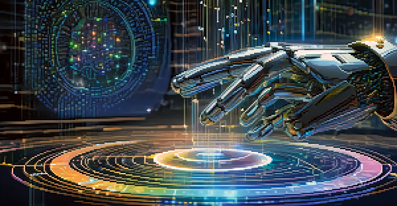 A robot hand interacting with a holographic smart contract, with swirling data streams surrounding it.