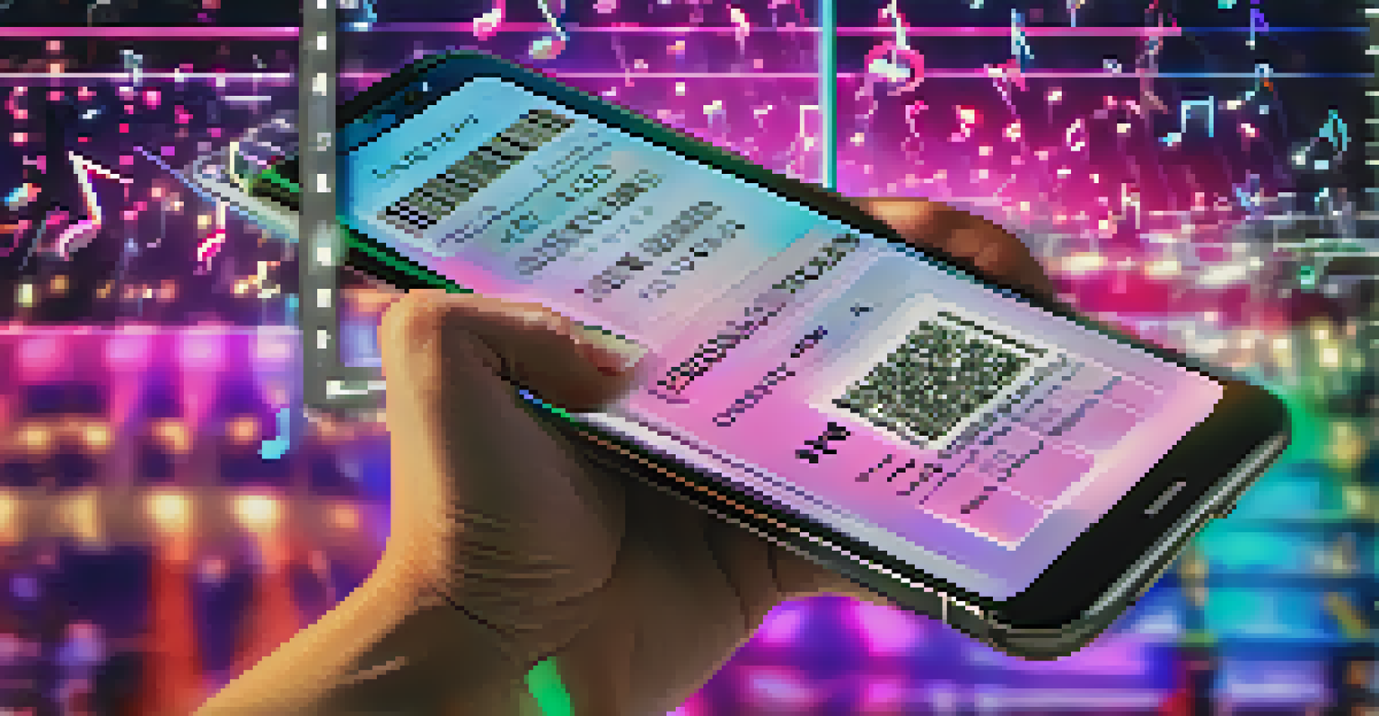 A close-up of a digital concert ticket as an NFT on a smartphone, surrounded by colorful musical notes and a blurred concert scene in the background.