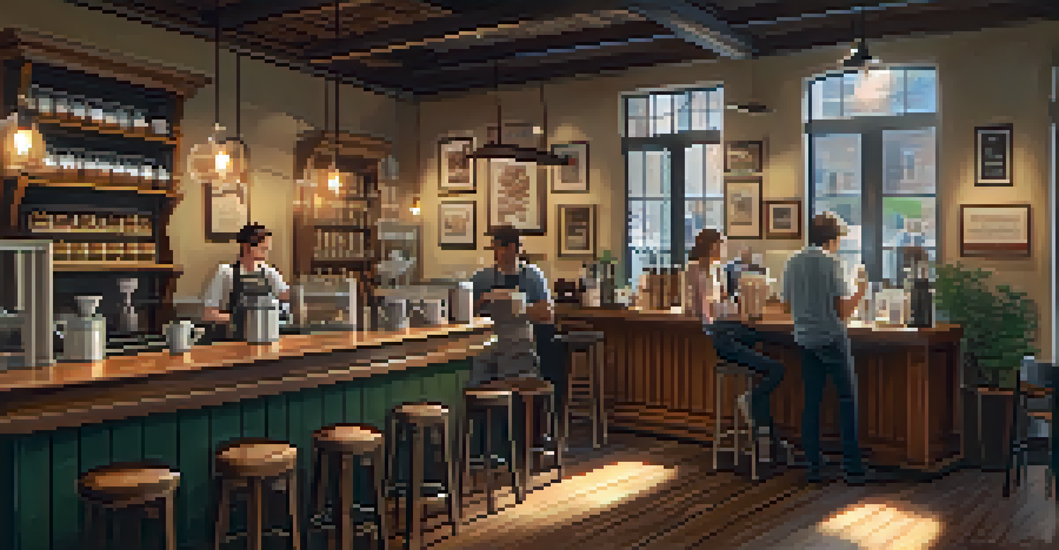 A warm and inviting coffee shop with rustic furniture, customers enjoying drinks, and a barista preparing coffee.
