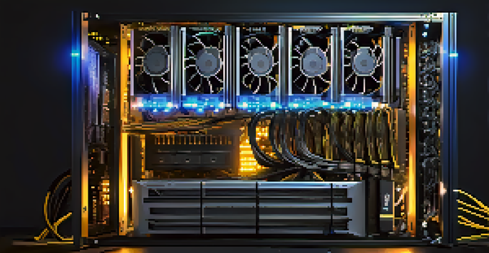 A close-up of an Ethereum mining rig with detailed hardware components and blue LED lights.
