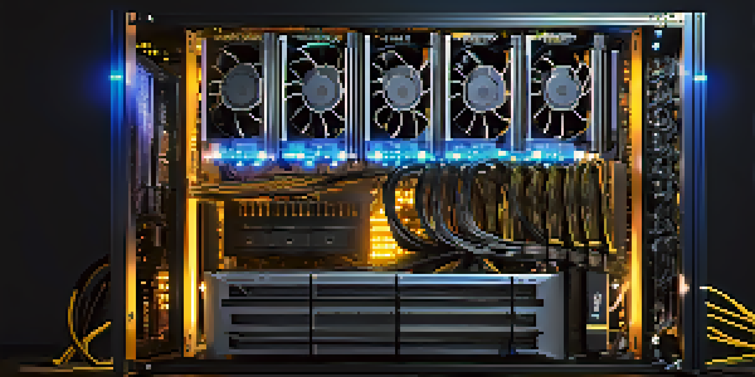 A close-up of an Ethereum mining rig with detailed hardware components and blue LED lights.