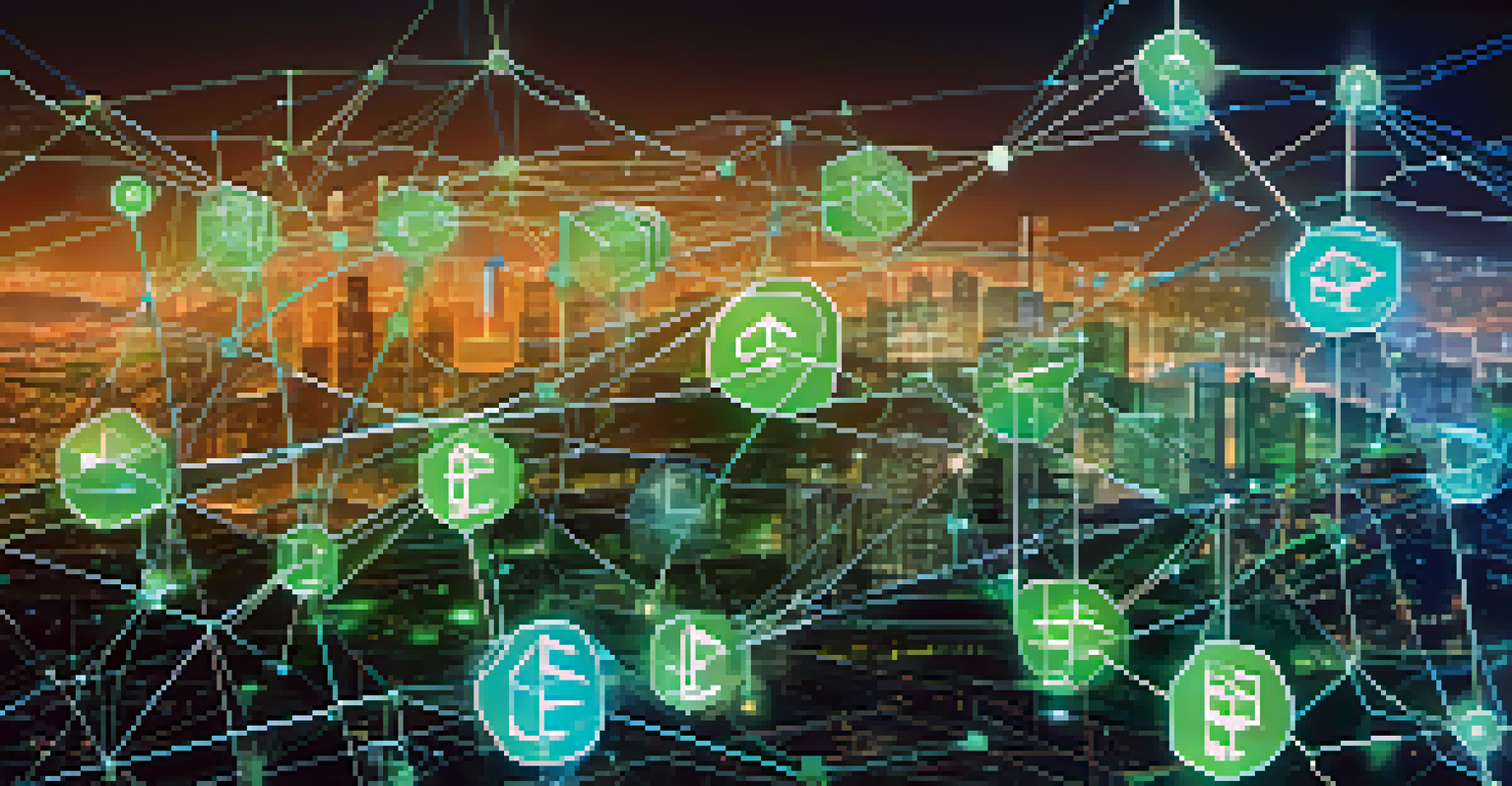A visual representation of a blockchain network with glowing nodes and a city skyline, symbolizing transparency in governance.