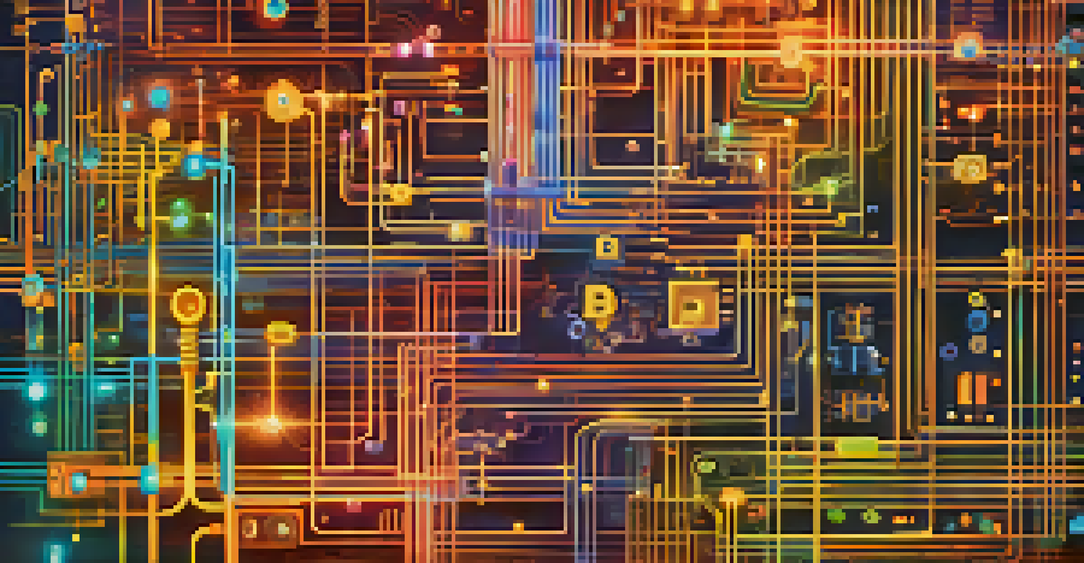 An abstract image illustrating the connection between AI chatbots and blockchain technology, with circuit patterns and vibrant colors.