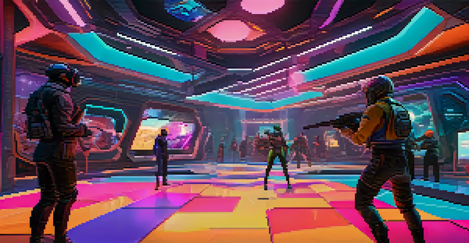 Gamers in a vibrant virtual environment trading unique NFTs like weapons and skins, showcasing the integration of digital ownership in gaming.