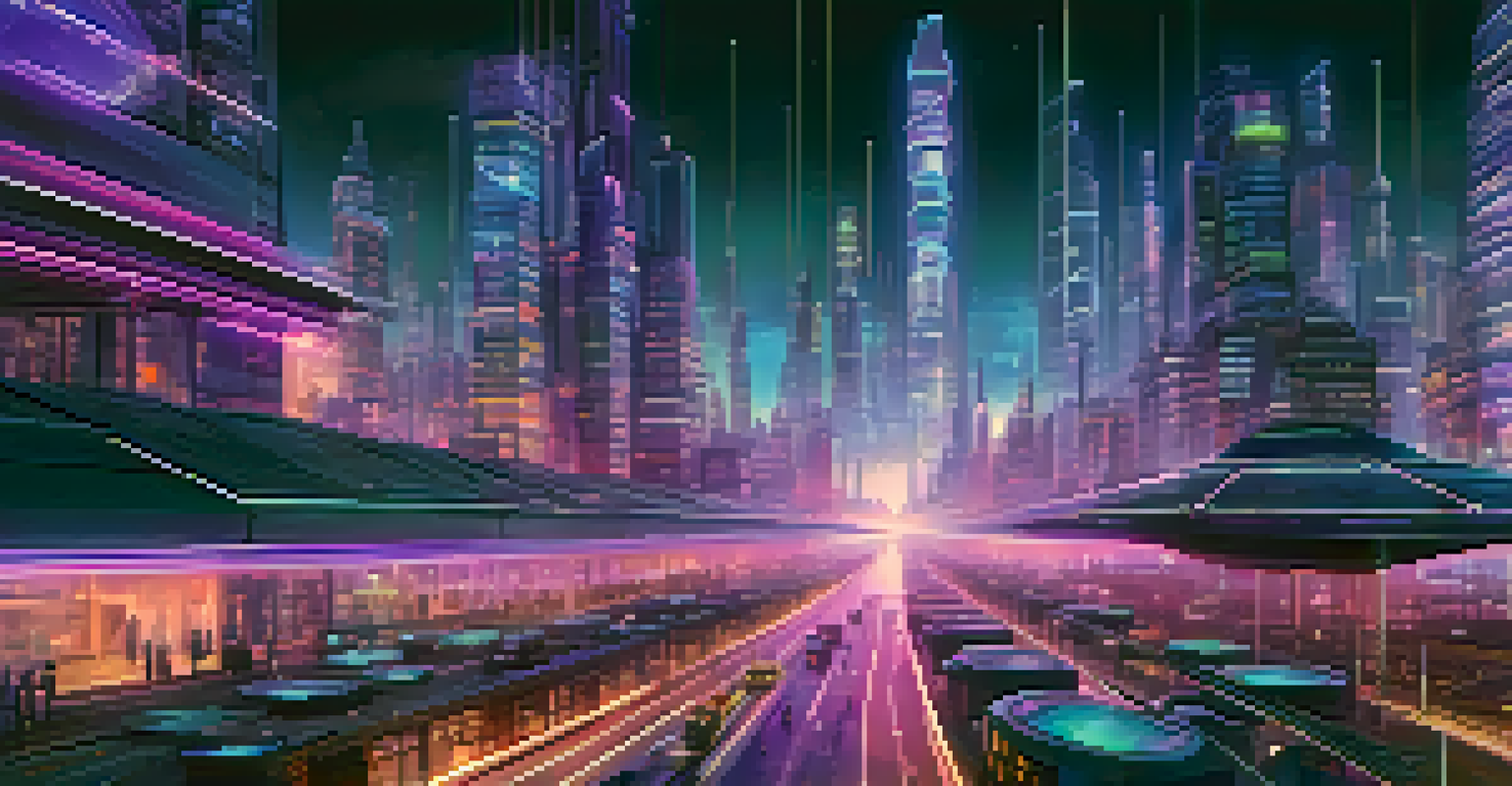 A dynamic cityscape at night, illuminated with neon lights, representing various blockchain networks and their interconnectedness.