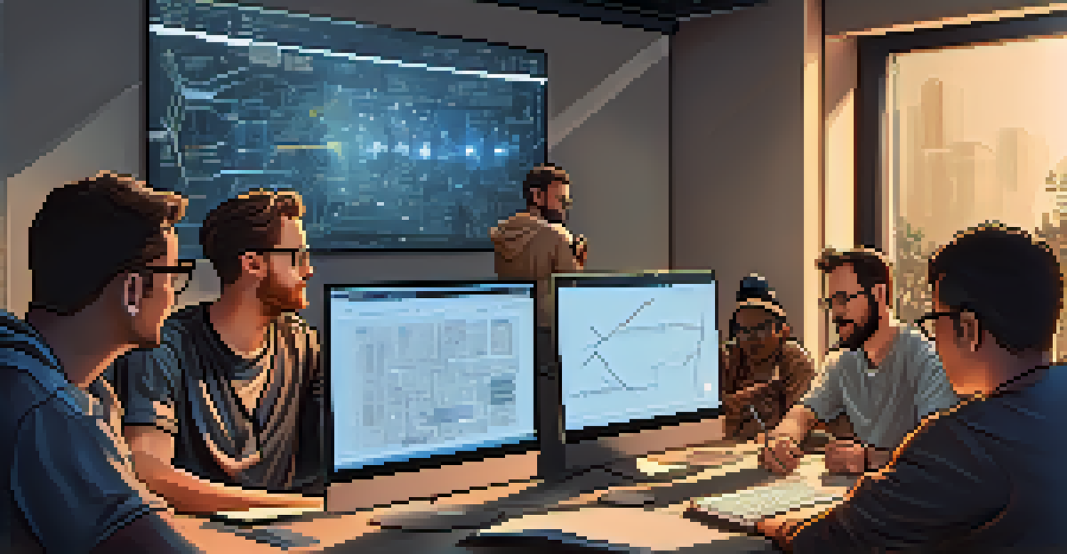 A close-up of diverse developers collaborating on Ethereum Improvement Proposals at a round table with laptops and sketches.