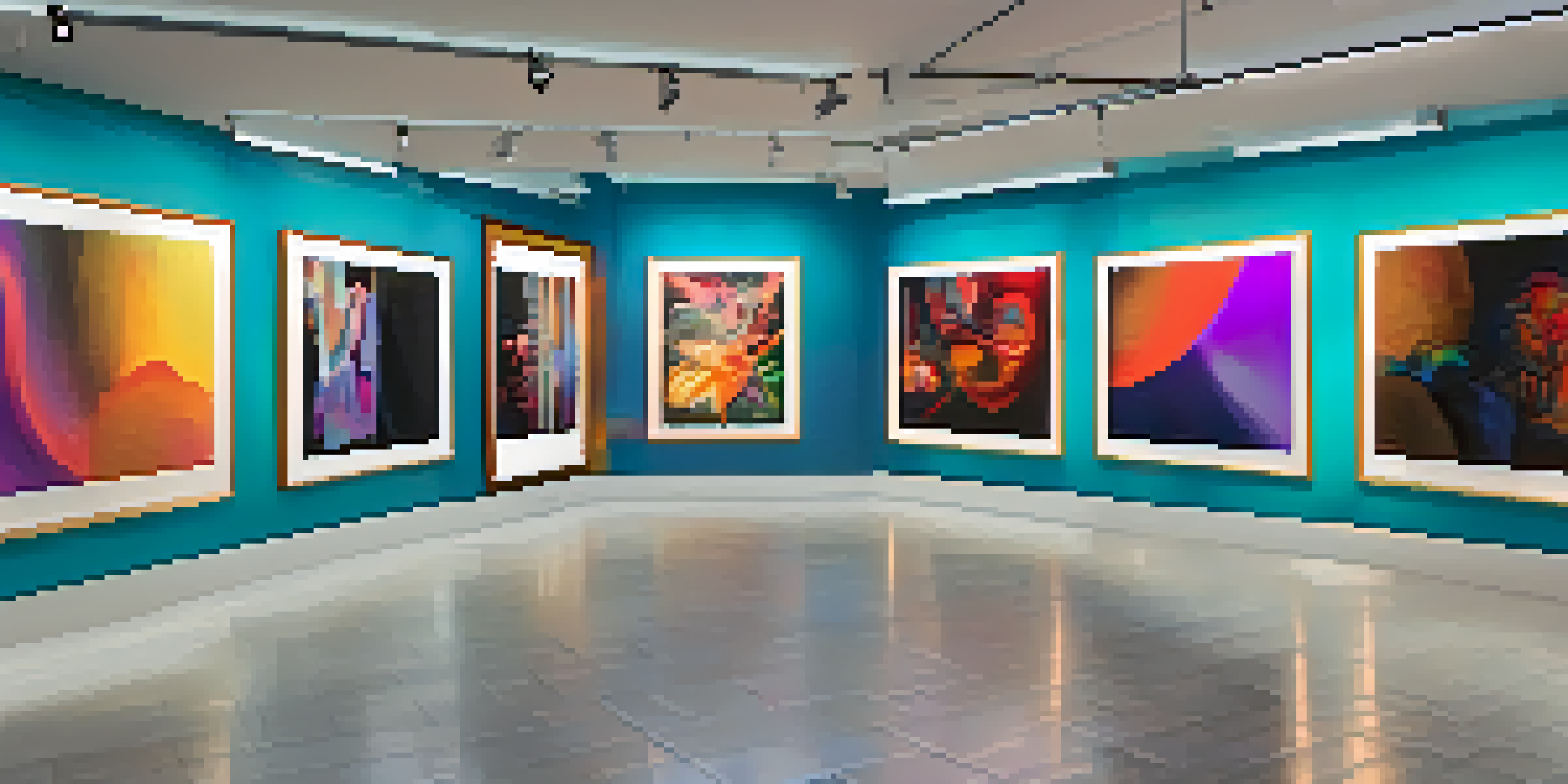 A digital art gallery filled with diverse people admiring and interacting with NFT artworks, illuminated by soft ambient lighting.