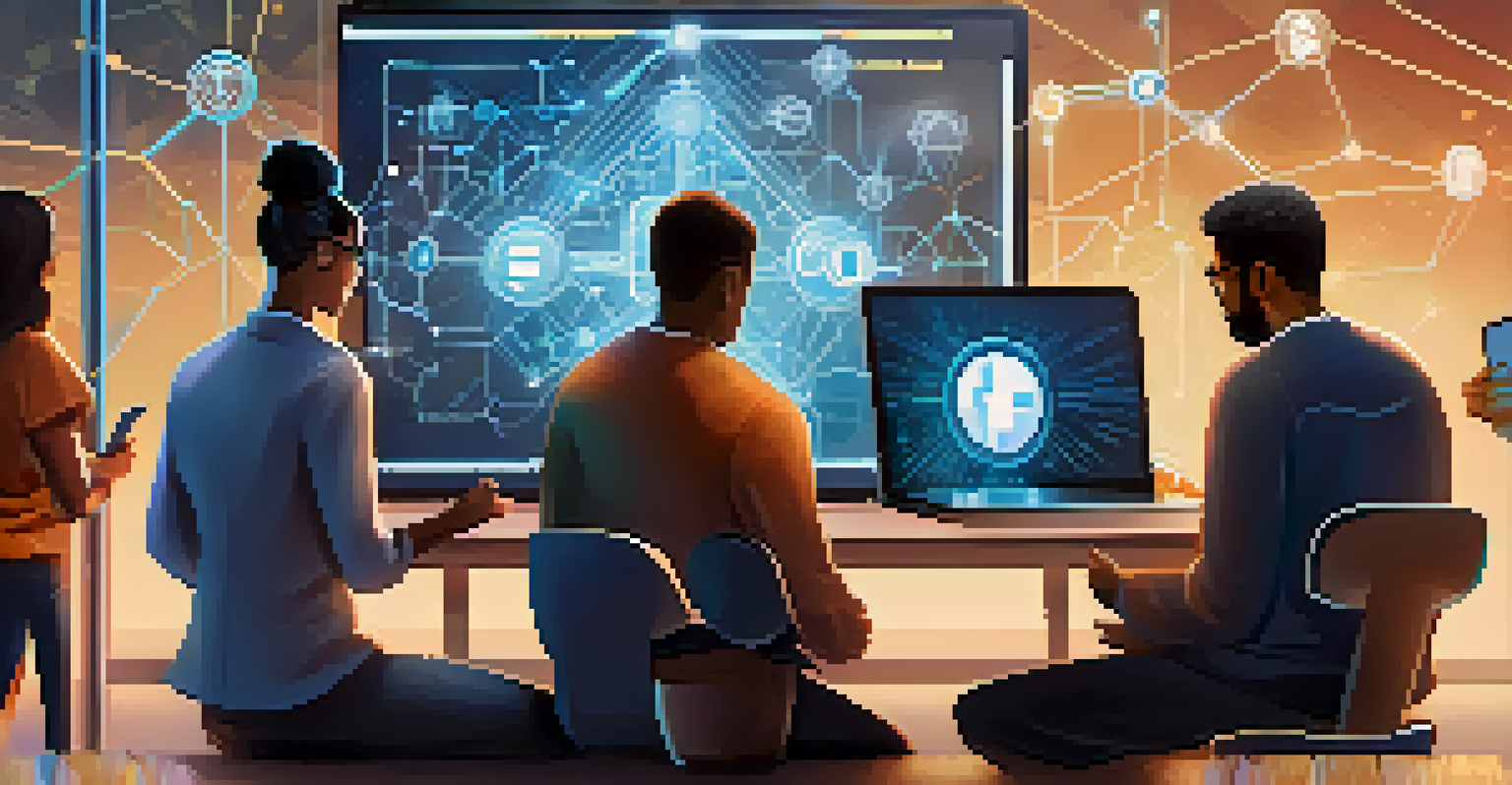 A diverse group of people working together around a digital tablet showing a blockchain interface in a modern setting.