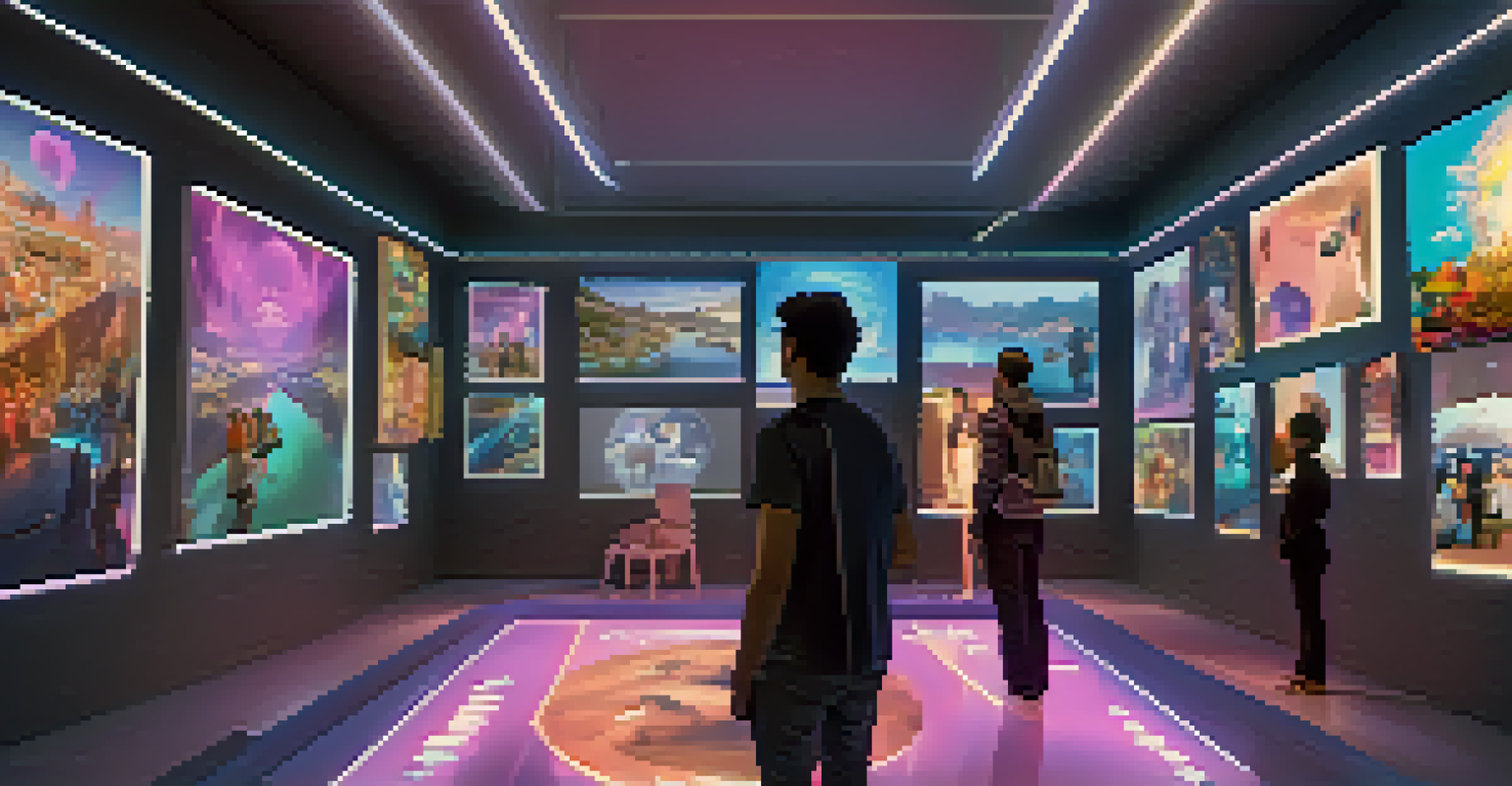 A virtual gallery in the metaverse with avatars admiring digital collectibles, featuring floating displays and futuristic design.