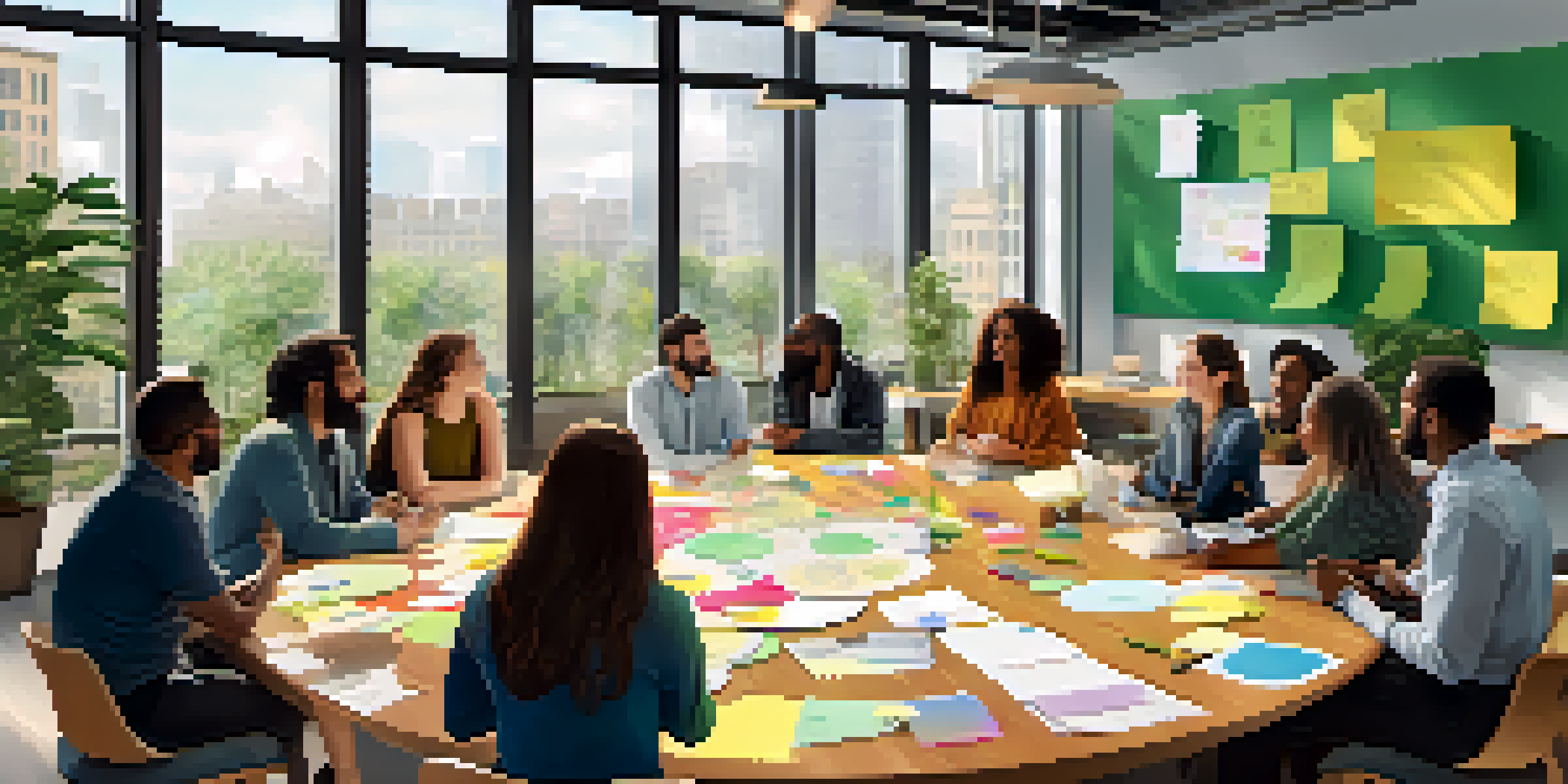 A diverse group of people engaged in a community meeting in a bright co-working space, discussing ideas around a circular table.