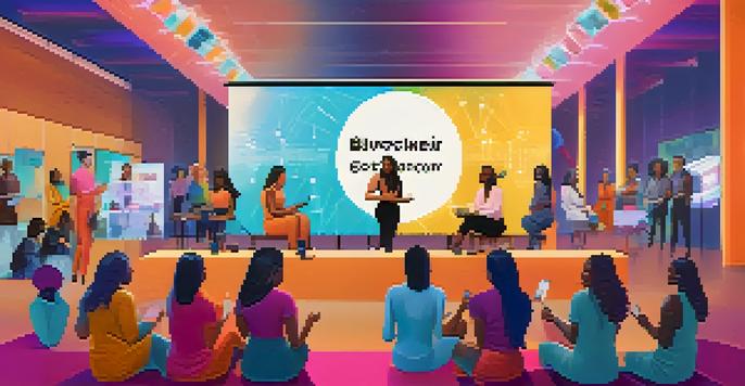 A networking event with diverse women in technology, engaging in conversation and collaboration under colorful banners.
