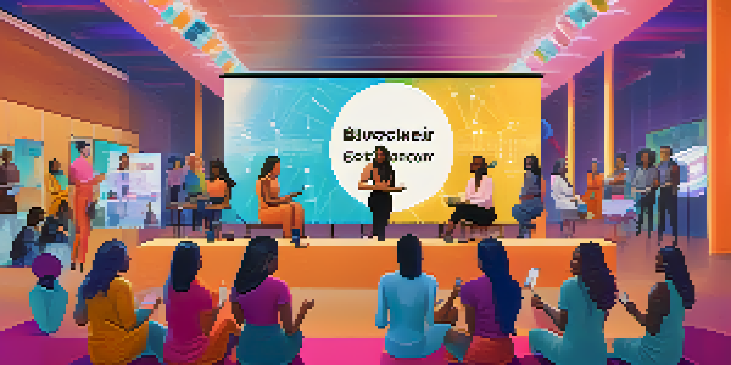 A networking event with diverse women in technology, engaging in conversation and collaboration under colorful banners.