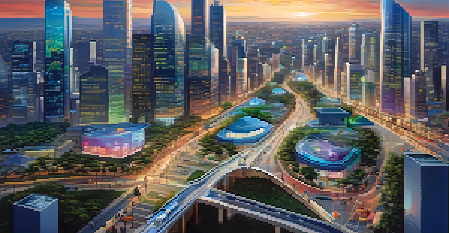 A vibrant smart city scene featuring tokenized IoT devices like traffic sensors and smart streetlights, with people interacting with the technology.