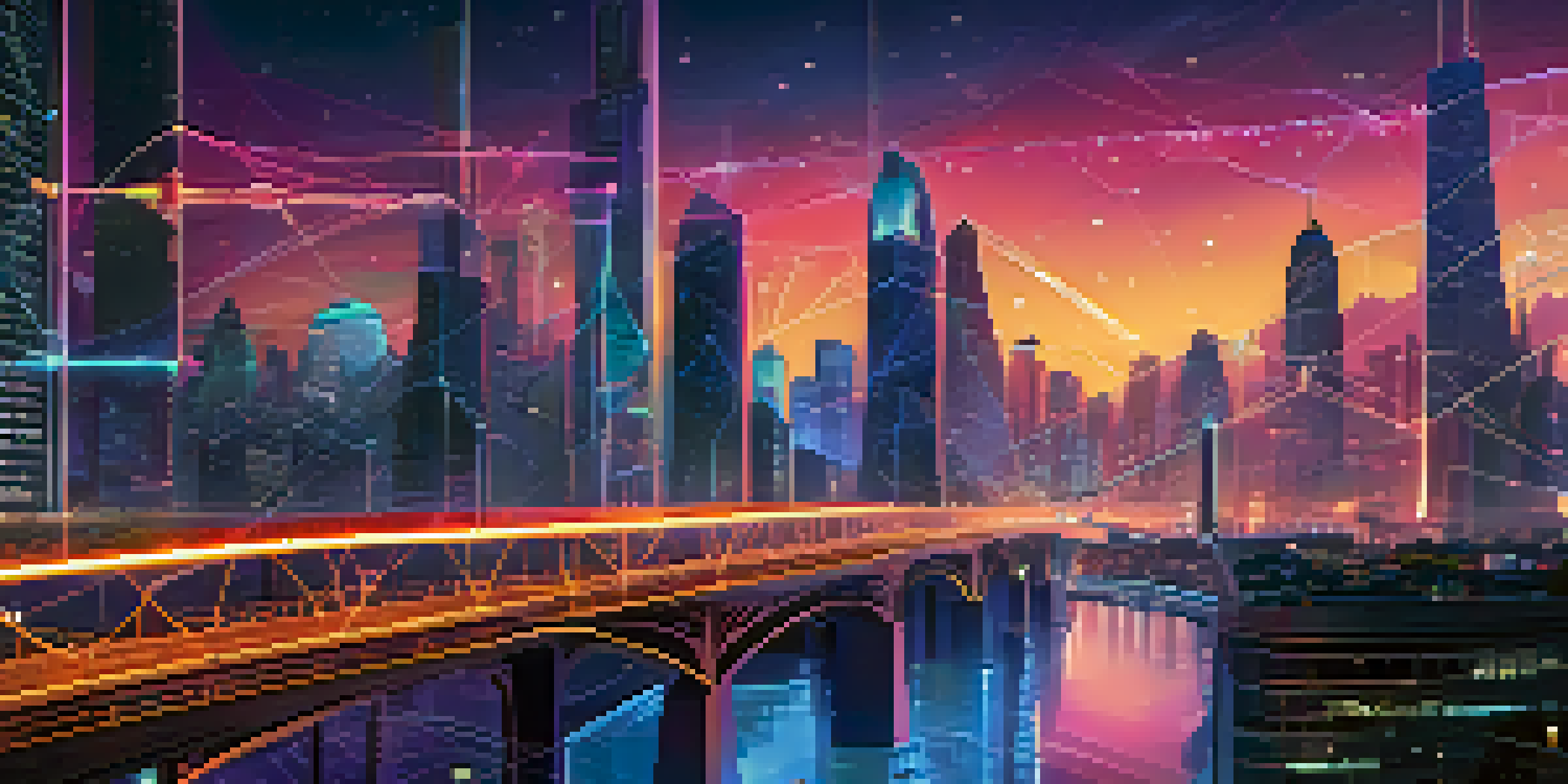 A futuristic city with glowing bridges connecting different blockchain networks, under a twilight sky.