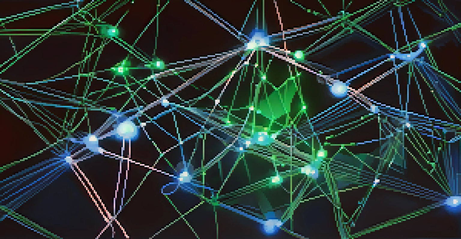 An abstract illustration of blockchain technology with glowing nodes and chains in blue and green.