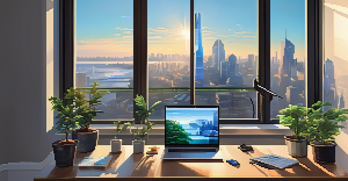 A modern workspace with a laptop showing Ethereum code, city skyline in the background, and a potted plant on the desk.