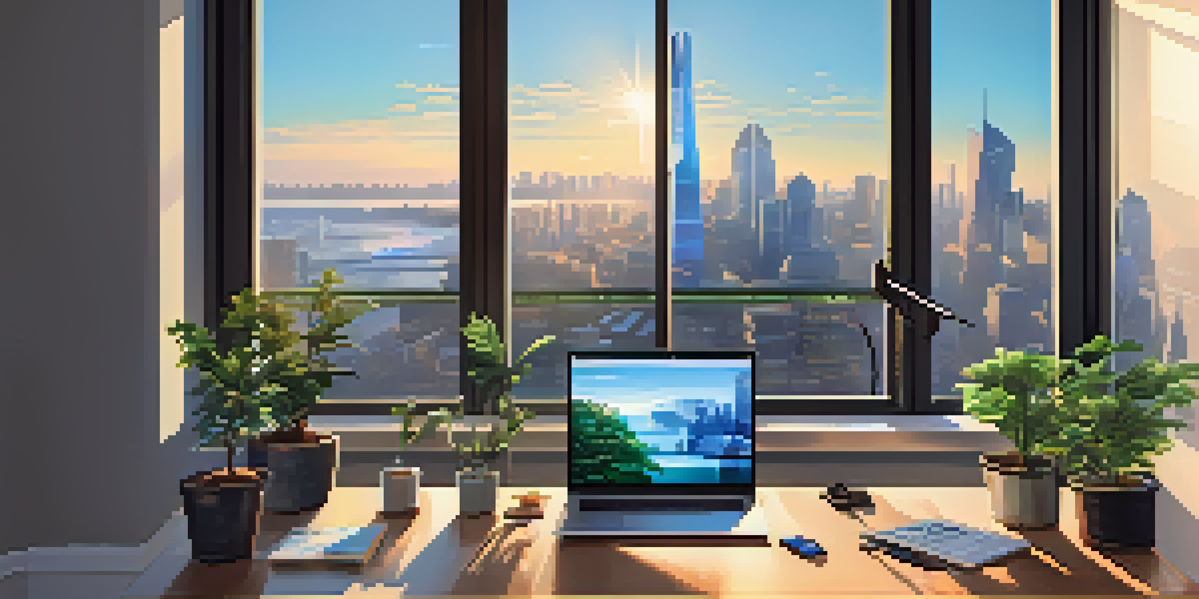 A modern workspace with a laptop showing Ethereum code, city skyline in the background, and a potted plant on the desk.