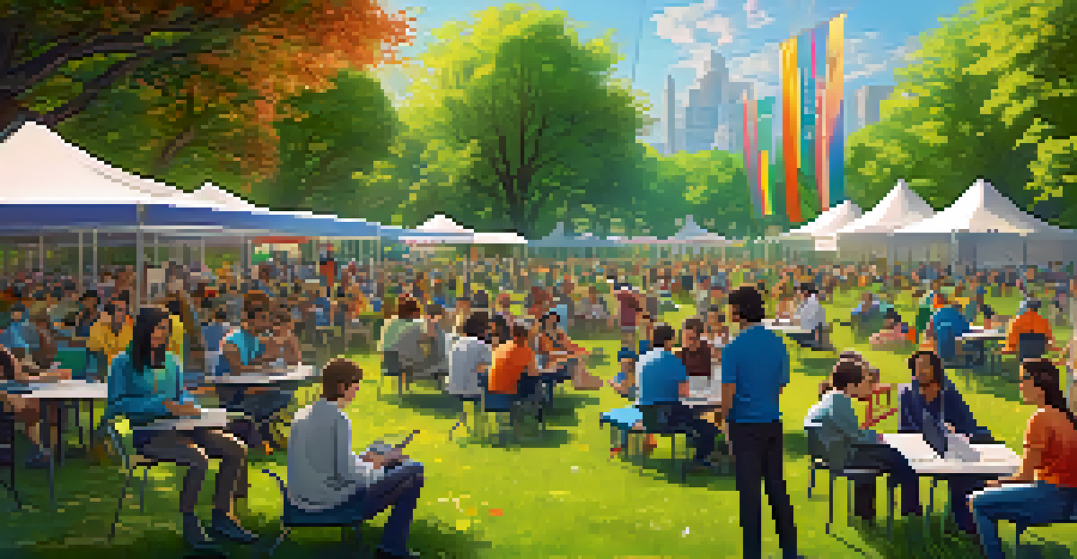 A community gathering in a park with diverse people discussing Ethereum regulations, surrounded by banners and laptops.