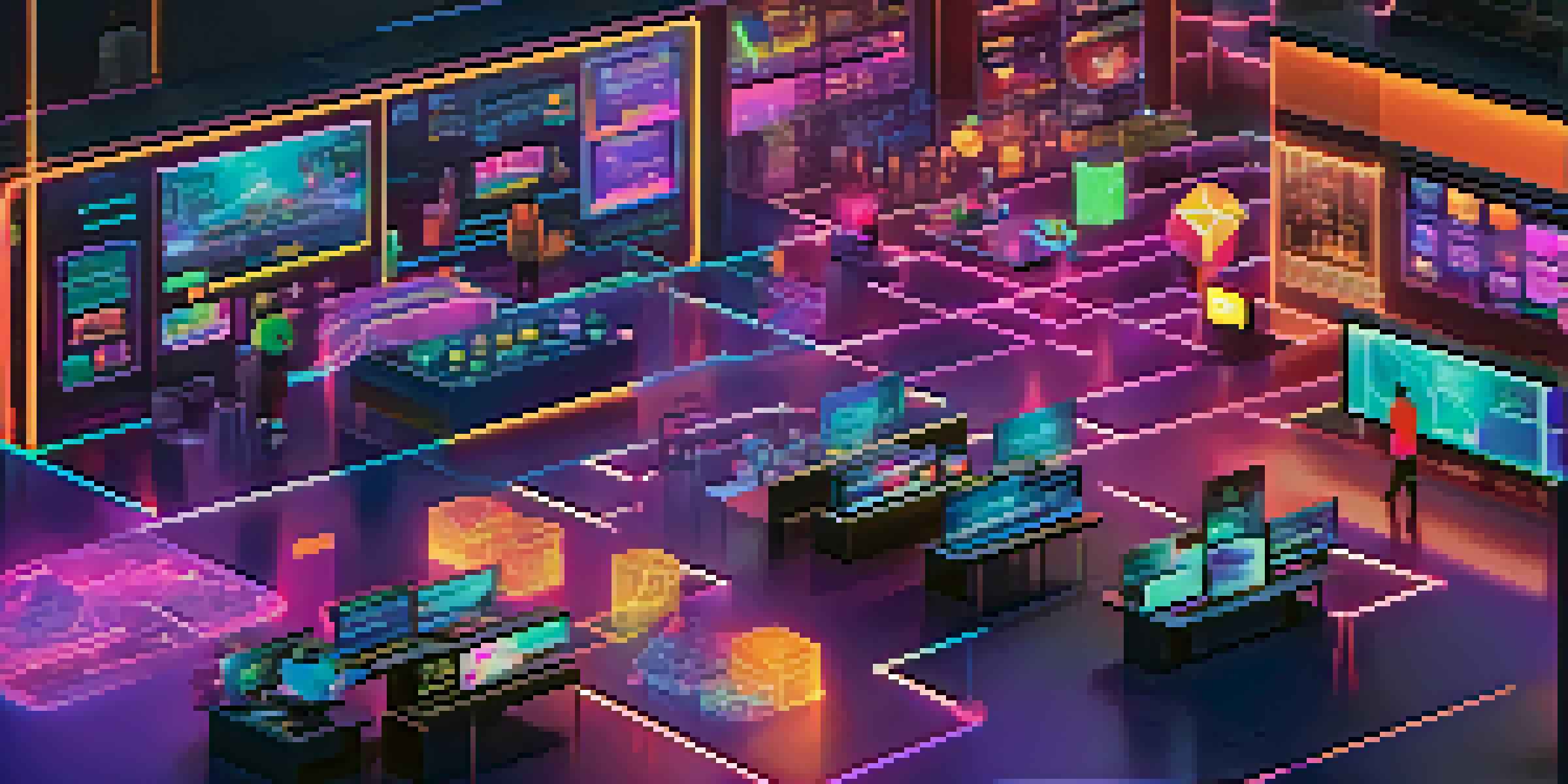 A digital marketplace filled with vibrant screens displaying decentralized applications, with users interacting in a futuristic setting.