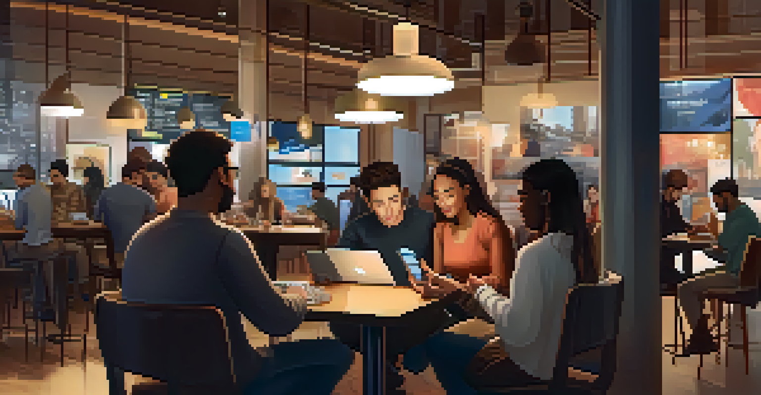 A diverse group of people in a café managing their digital identities on smartphones and tablets.