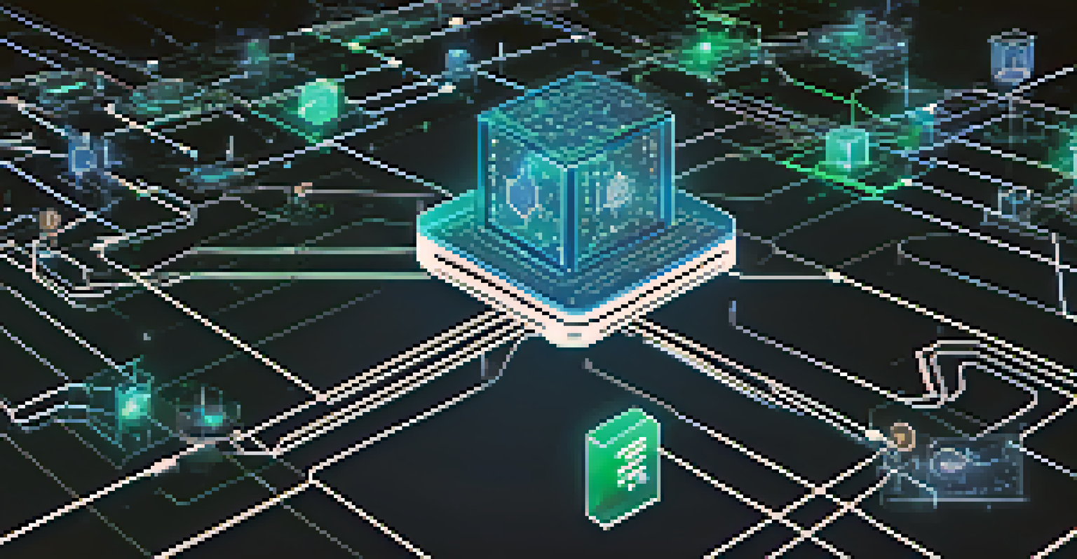 An artistic visualization of blockchain and augmented reality technology, with glowing nodes and a smart contract icon.