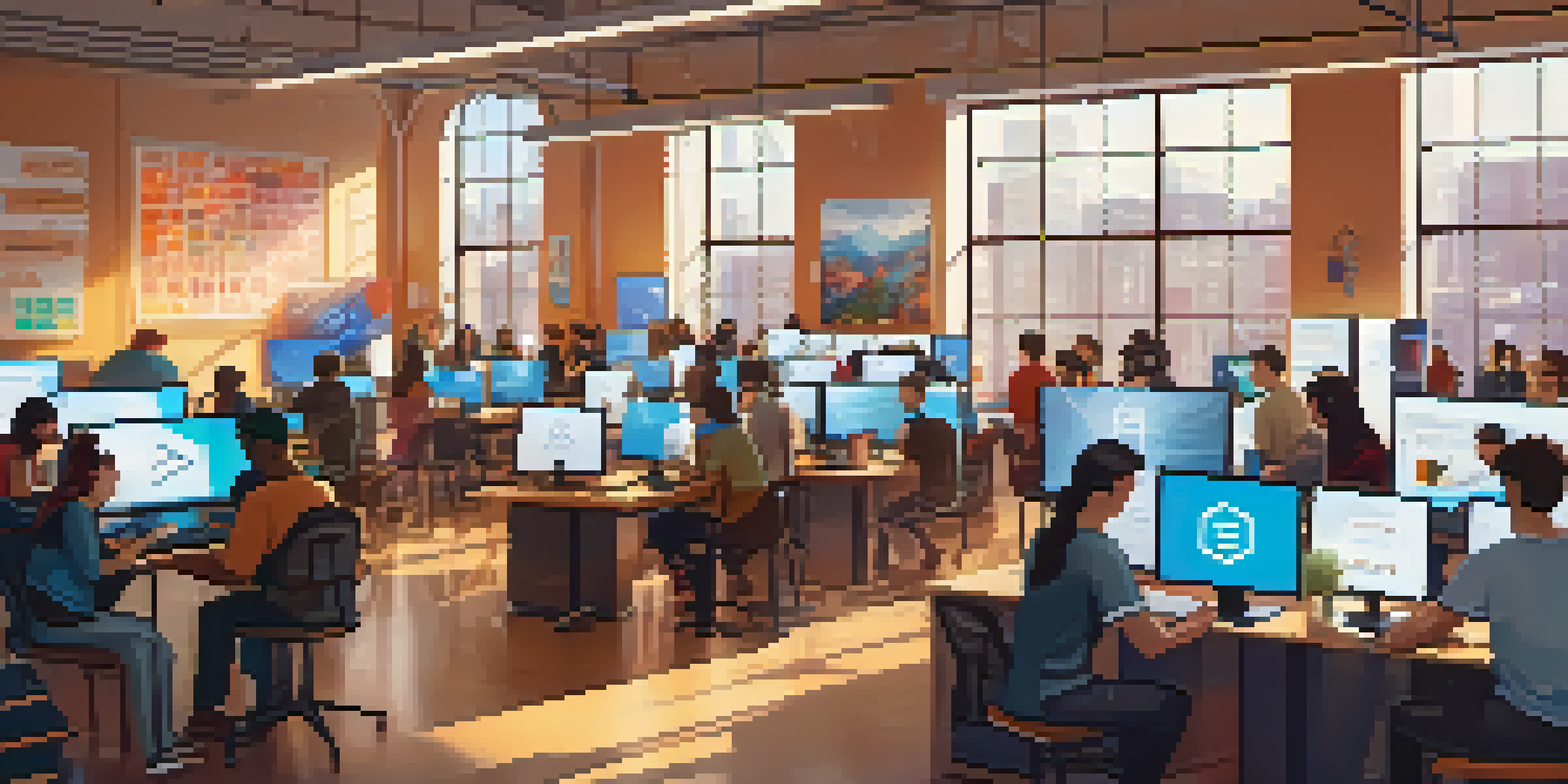 A lively workshop with diverse participants coding and learning about Ethereum, with laptops and blockchain graphics around them.