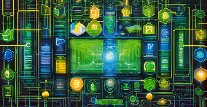 An illustration depicting the concept of intellectual property tokenization with glowing tokens and a digital blockchain background.