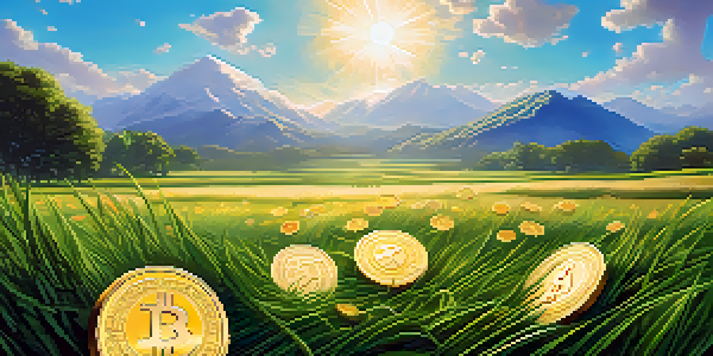 A peaceful Ethereum blockchain landscape with Ether coins floating above a green field under a blue sky.