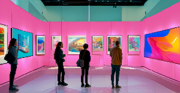 A modern digital art gallery filled with colorful NFT artworks, artists talking to visitors, and bright natural light streaming through large windows.