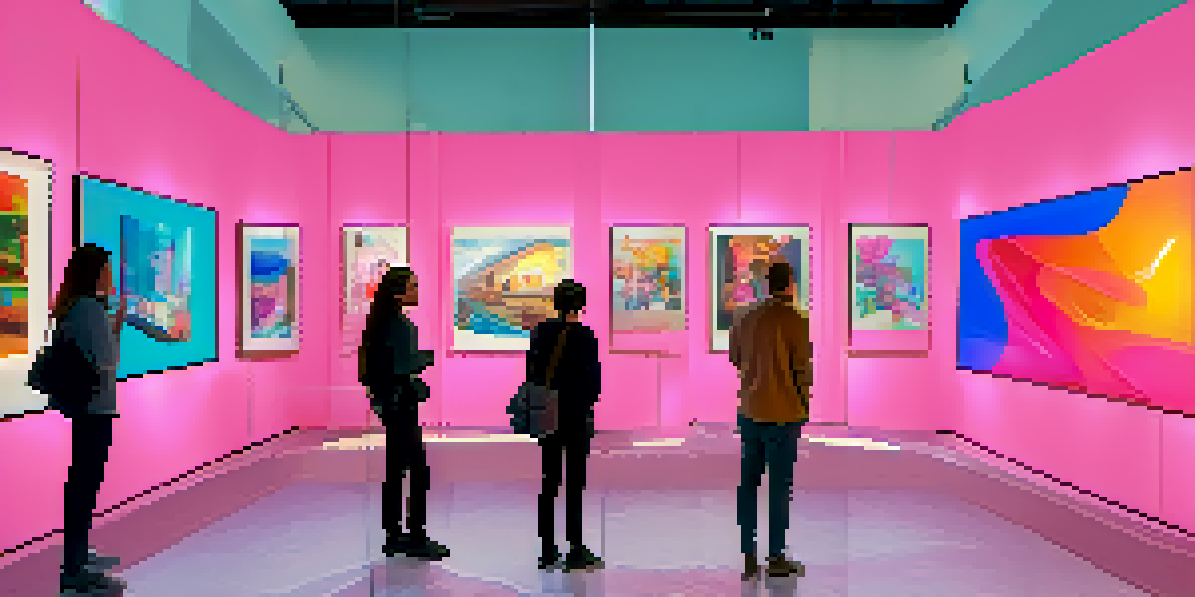 A modern digital art gallery filled with colorful NFT artworks, artists talking to visitors, and bright natural light streaming through large windows.