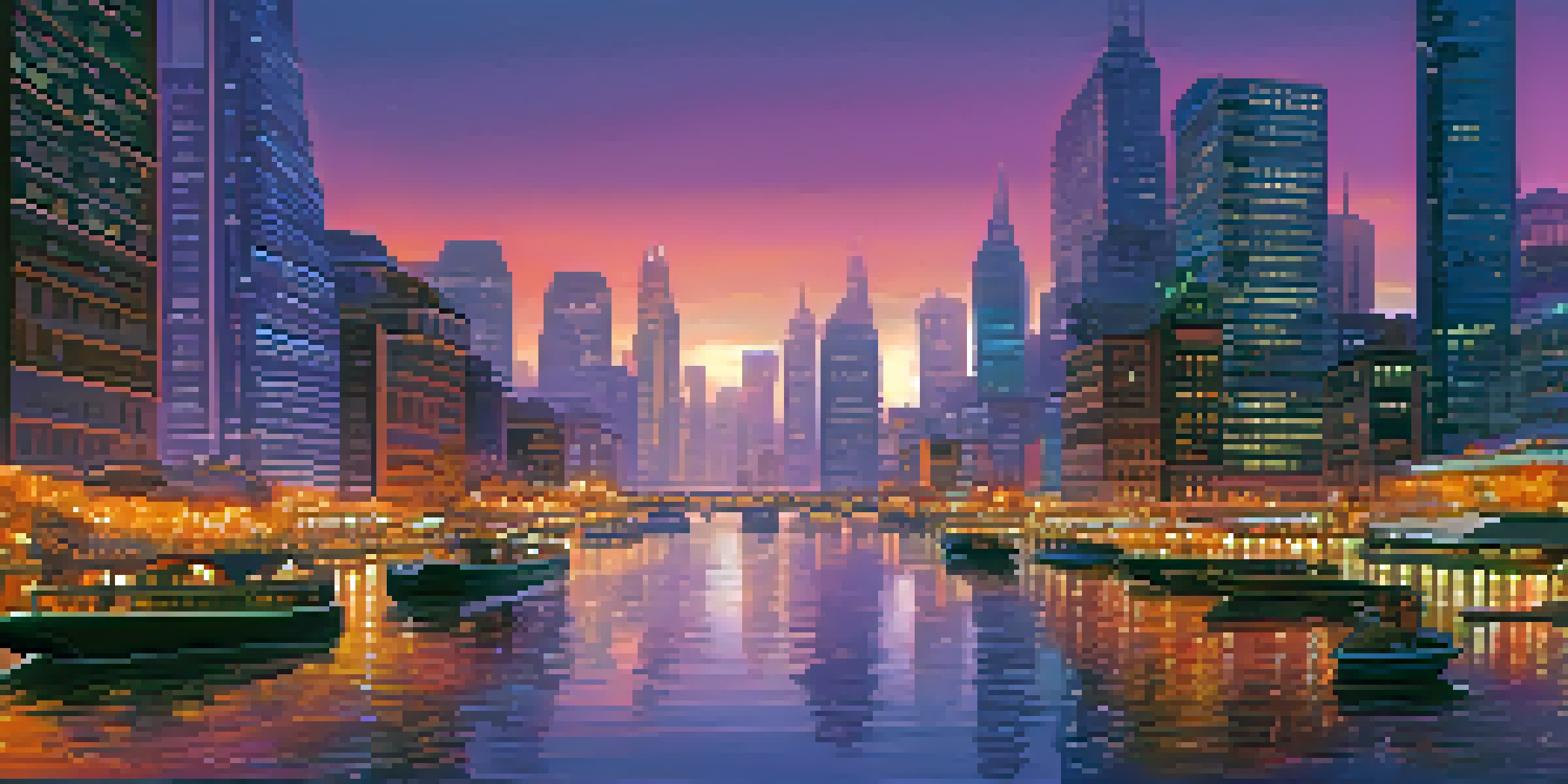 A futuristic city skyline at dusk with a river in the foreground, showcasing a mix of traditional and modern buildings under a colorful sky.