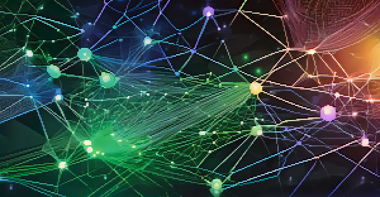 An abstract depiction of interconnected lines and nodes symbolizing interoperability in blockchain technology, with a blue and green gradient background.