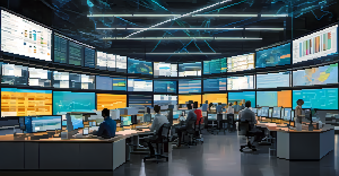A modern control room with professionals monitoring screens that display supply chain data and blockchain information.