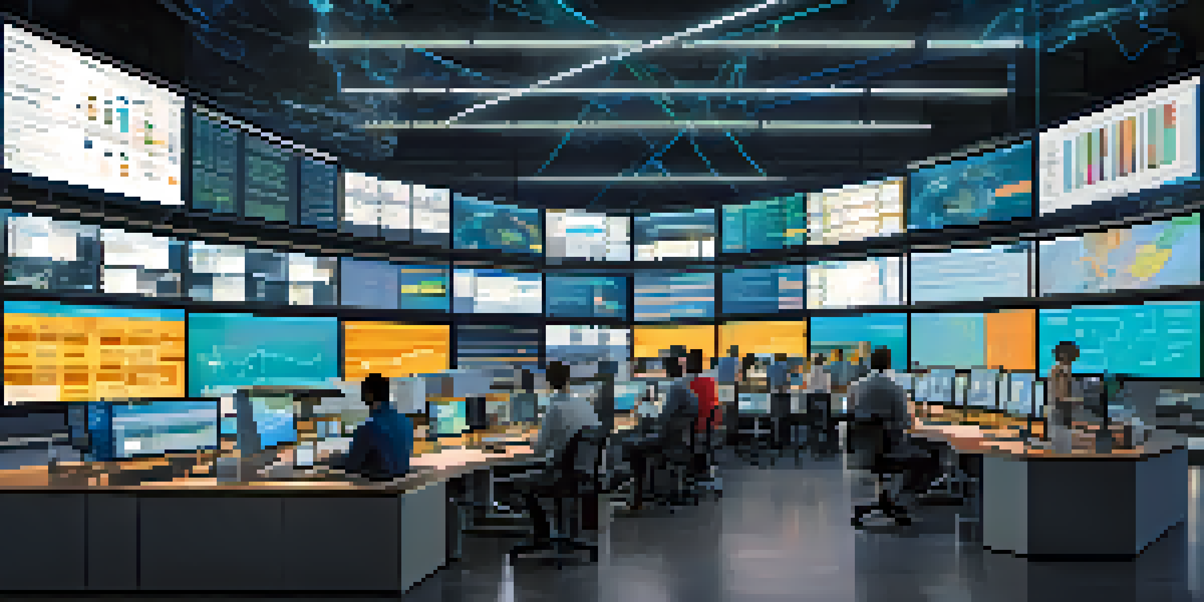 A modern control room with professionals monitoring screens that display supply chain data and blockchain information.