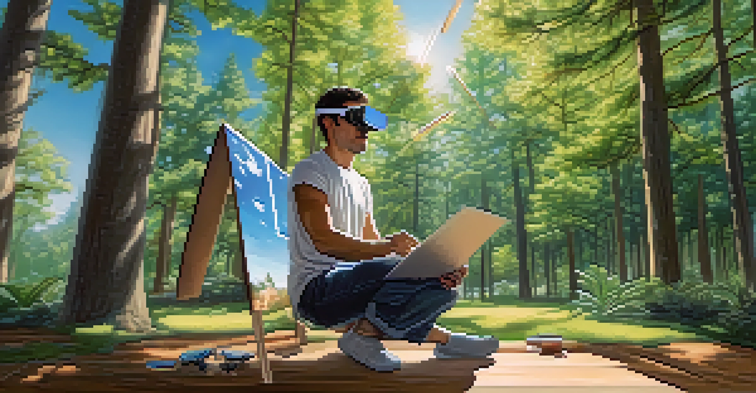 An artist using augmented reality to create digital art outdoors, with virtual tools and a canvas visible in the air.