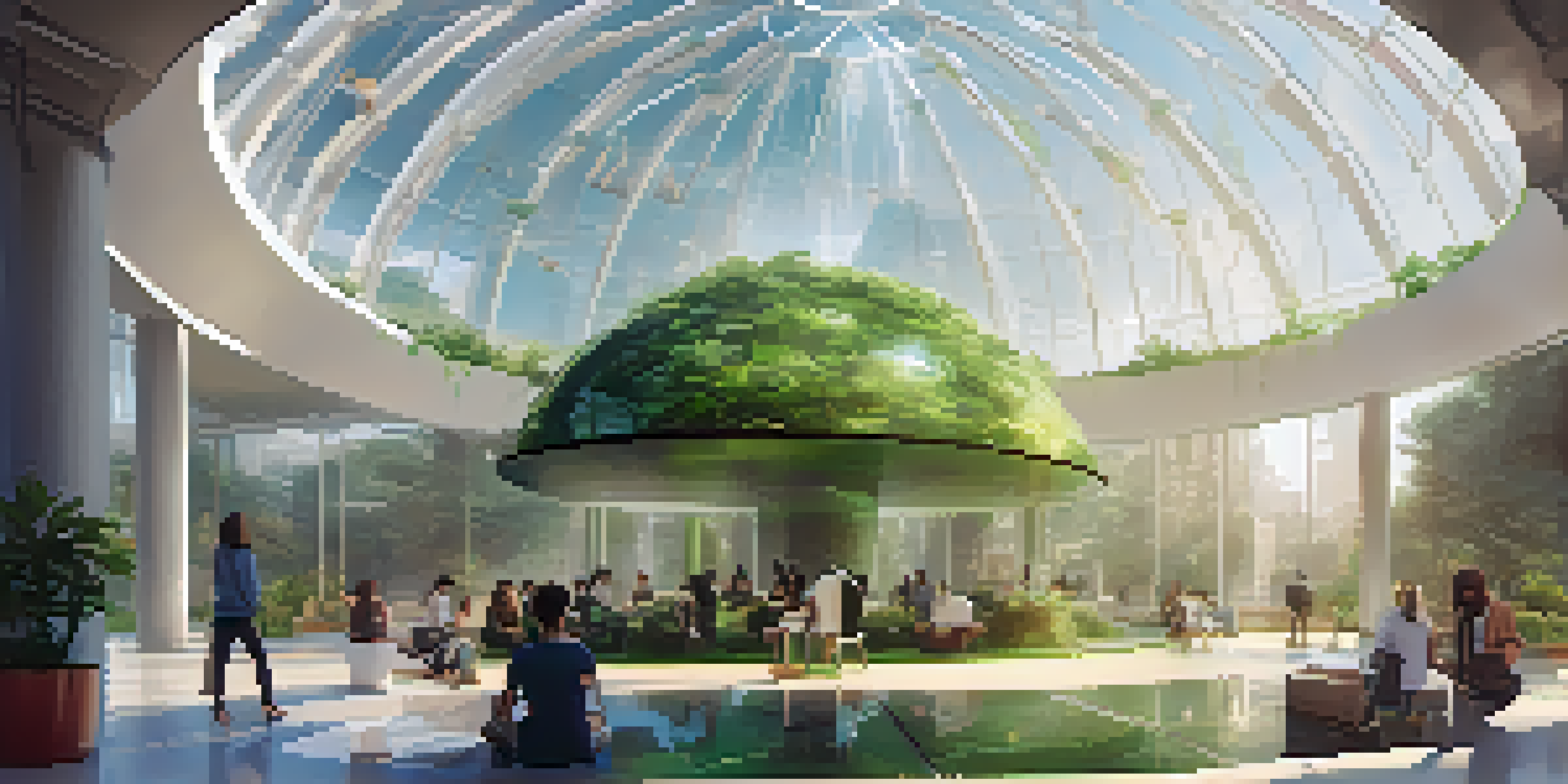 A futuristic social media hub in a green landscape, featuring a transparent dome and diverse people interacting with digital devices under soft sunlight.