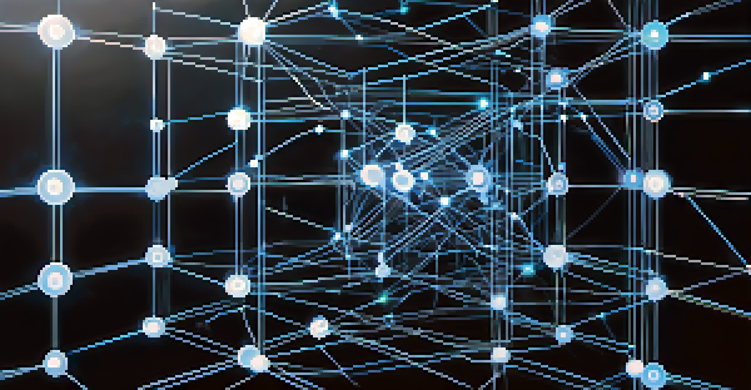 An artistic representation of a blockchain network with glowing interconnected nodes.