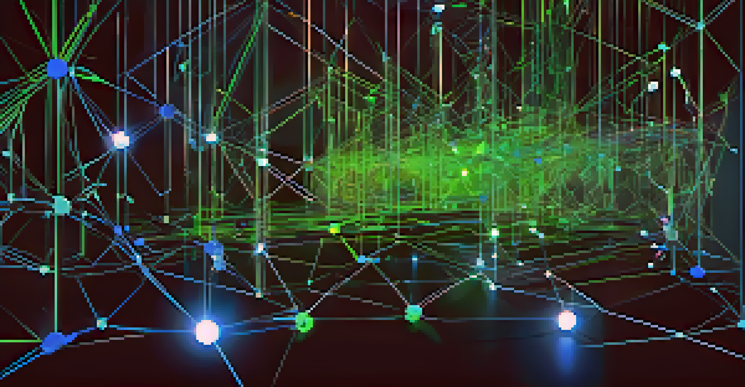 An abstract digital illustration of blockchain technology with interconnected glowing nodes and chains in blue and green hues against a dark background.
