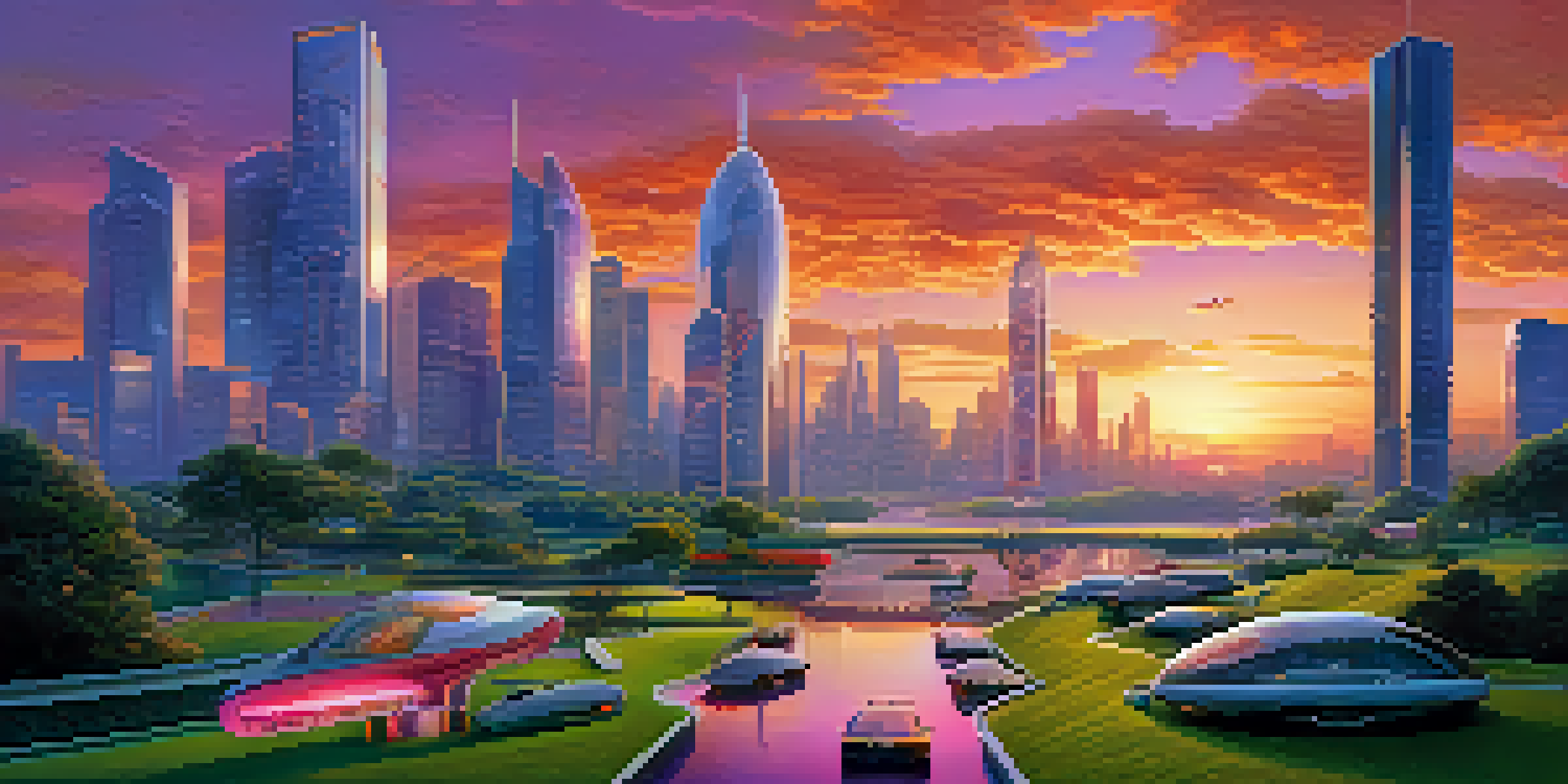 A colorful sunset over a futuristic city skyline with flying cars and a park in the foreground.