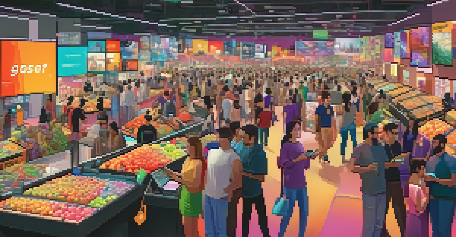 A crowded marketplace where users trade digital assets in augmented reality, with colorful displays and engaged participants.
